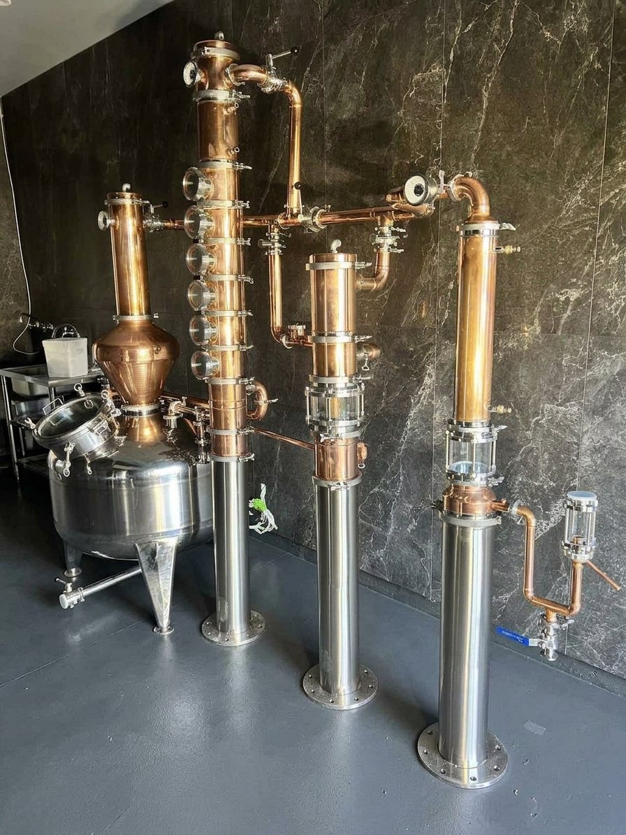 The copper and stainless steel pot and column stills at Petal & Leaf Distillery in front of a black marble wall